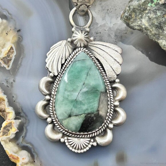 Sterling Southwestern Style Teardrop Emerald Decorated Pendant For Women - Picture 6 of 10